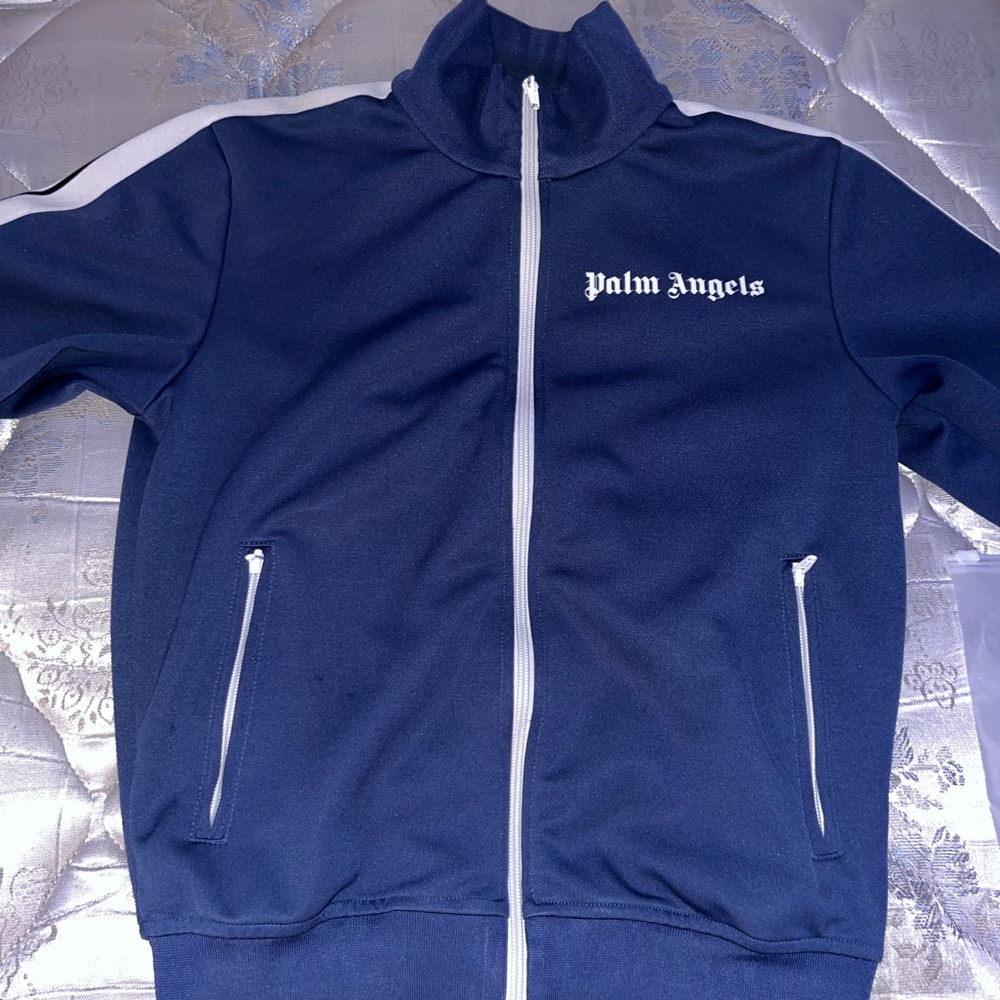 Palm Angels Dark Blue Track Jacket with White Accents